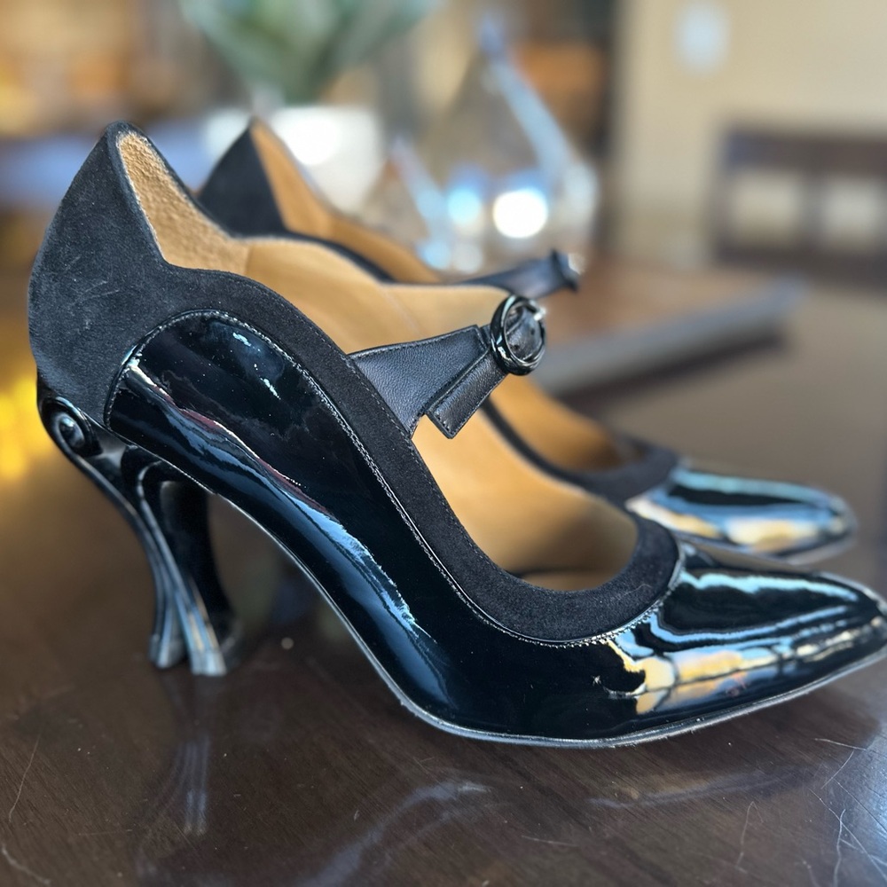 John Fluevog Celestial Communications Aquila Black Patent Leather Heels